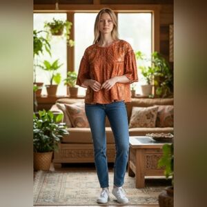 Rachel Zoe Popover Top Womens Small Orange Floral Print Flutter Sleeve  Blouse